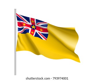 Waving flag of Niue. Illustration of Oceania country flag on flagpole. Vector 3d icon isolated on white background