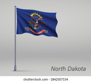 Bandera ondeando de Dakota del Norte - estado de Estados Unidos en asta. Afiche del día de la independencia