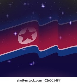 Waving flag of North Korea. Background of the night starry sky. Shining in the colors of the national flag. vector illustration
