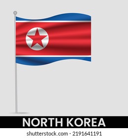 Waving flag of North Korea on flagpole. Template for independence day poster design
