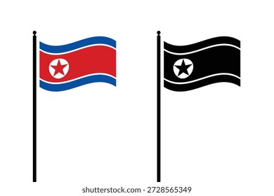 Bandeira ondulante da Coreia do Norte, apresentada em cores vibrantes e uma silhueta preta e branca minimalista em mastros