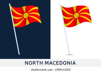 Waving flag of North Macedonia on flagpole. Template for independence day