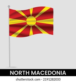 Waving flag of North Macedonia on flagpole. Template for independence day poster design
