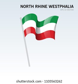 Waving flag of North Rhine-Westphalia state of Germany on gray background