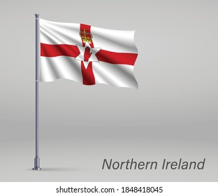 Waving flag of Northern Ireland - territory of United Kingdom on flagpole. Template for independence day