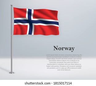 Waving flag of Norway on flagpole. Template for independence day poster design