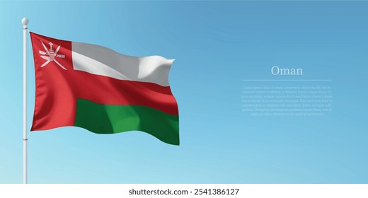 Waving flag of Oman on a pole with a blue sky backdrop with copyspace