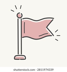 Waving Flag on Pole Icon in Hand-Drawn Doodle Style. A flat vector illustration of a waving flag mounted on a pole with a round finial, drawn in a playful hand-drawn doodle style with sparkle accents, isolated on a cream background. Perfect for milestone, marker, and goal concepts.