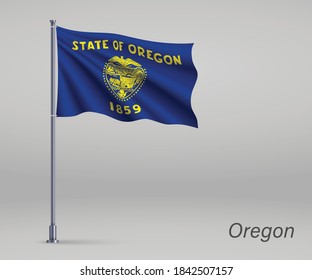 Waving flag of Oregon - state of United States on flagpole. Template for independence day poster