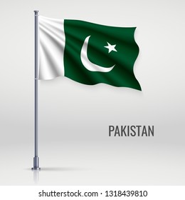 Waving flag of Pakistan on flagpole. Template for independence day poster design