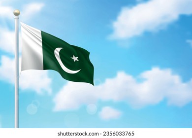 Waving flag of Pakistan on sky background. Template for independence day poster design