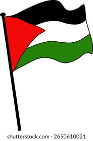 Bandeira da Palestina acenando no Polo. Uma ilustração vibrante da bandeira palestina, com suas icônicas listras pretas, brancas, verdes e triângulo vermelho, acenando orgulhosamente em um poste.