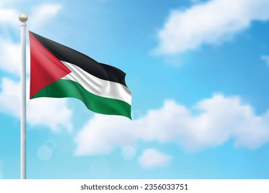 Waving flag of Palestine on sky background. Template for independence day poster design