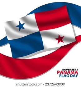 Waving flag of Panama with red and blue ribbons, with bold text on white background to commemorate Panama Flag Day on November 4