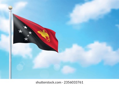 Waving flag of Papua New Guinea on sky background. Template for independence day poster design