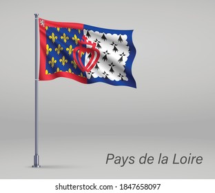 Waving flag of Pays de la Loire - region of France on flagpole. Template for independence day