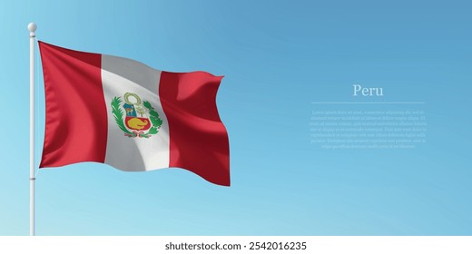 Waving flag of Peru on a pole with a blue sky backdrop with copyspace