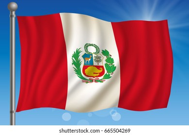 Waving flag of Peru on a sky background. Vector illustration
