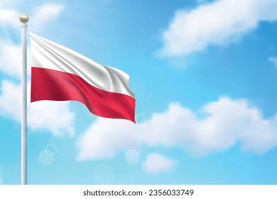 ondeando la bandera de Polonia en el fondo del cielo. Plantilla para diseño de afiches del día de la independencia