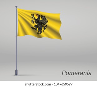 Waving flag of Pomerania Voivodeship - province of Poland on flagpole. Template for independence day 