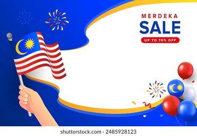 Waving flag promotion concept of Malaysia Day or Hari Merdeka with celebration elements. Malaysia National day vector illustration template with balloons, fireworks for cards, banner, poster, social m