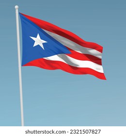 Bandera ondeando Puerto Rico en asta. Plantilla para diseño de afiches del día de la independencia