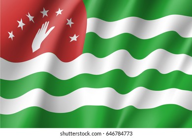 Waving flag of Republic of Abkhazia. Patriotic national sign, horizontal stripes in green and white, open hand on a red field, adopted in 1992. Vector icon illustration