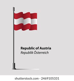 Waving flag of Republic of Austria on flagpole. Accurate dimensions and official colors.