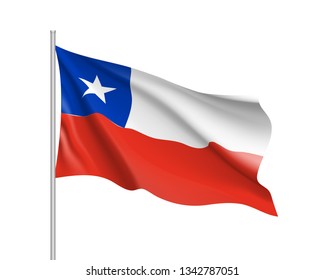Waving flag of republic Chile. Realistic iIllustration of South America country flag on flagpole. 3d vector icon isolated on white background
