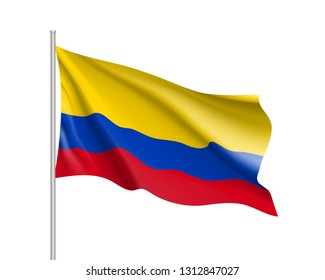 Waving flag of republic Columbia . Realistic iIllustration of South America country flag on flagpole. 3d vector icon isolated on white background