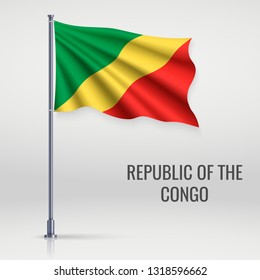 Waving flag of Republic of the Congo on flagpole. Template for independence day poster design
