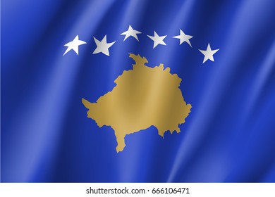 Waving flag of the Republic of Kosovo, partially recognised state in Southeastern Europe, blue field with a map in gold, surmounted by six white stars, in the centre. Vector flat style illustration