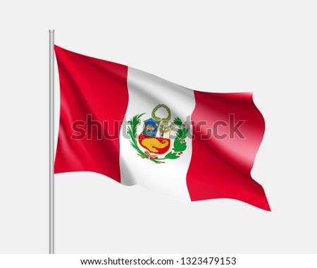 Waving flag of republic Peru . Realistic iIllustration of South America country flag on flagpole. 3d vector icon isolated on white background