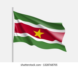 Waving flag of republic Suriname. Realistic iIllustration of South America country flag on flagpole. 3d vector icon isolated on white background