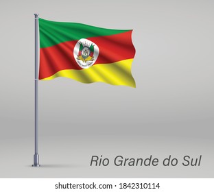 Waving flag of Rio Grande do Sul - state of Brazil on flagpole. Template for independence day poster 