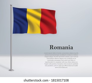 Bandera ondeando Rumania en el asta de bandera. Plantilla para diseño de afiches del día de la independencia