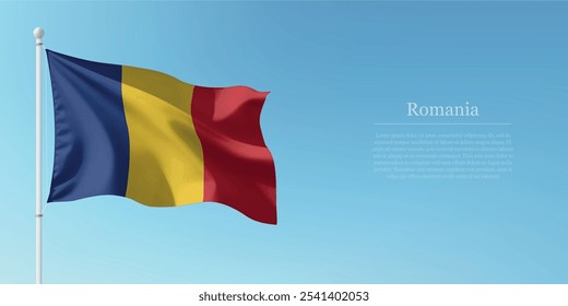 Ondeando la bandera de Rumania en un poste con un fondo azul del cielo con copyspace