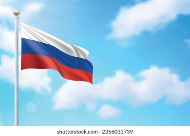 Waving flag of Russia on sky background. Template for independence day poster design