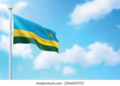 Waving Fahne von Ruanda auf Himmelshintergrund. Vorlage für die Erstellung eines unabhängigen Tagesplakats