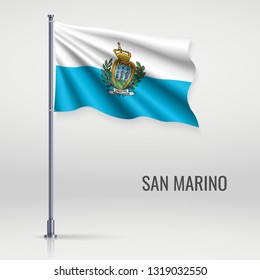 Waving flag of San Marino on flagpole. Template for independence day poster design