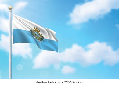 Waving flag of San Marino on sky background. Template for independence day poster design