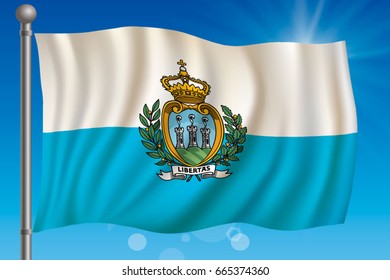 Waving flag of San Marino on a sky background. Vector illustration