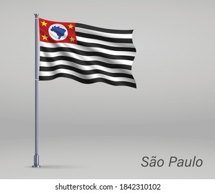 Waving flag of Sao Paulo - state of Brazil on flagpole. Template for independence day poster 