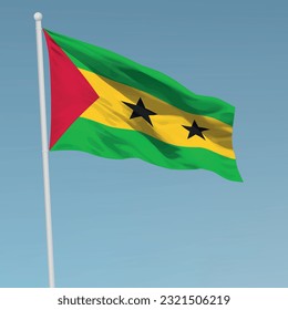 Waving flag of Sao Tome and Principe on flagpole. Template for independence day poster design