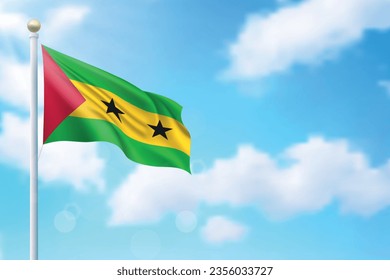 Waving flag of Sao Tome and Principe on sky background. Template for independence day poster design