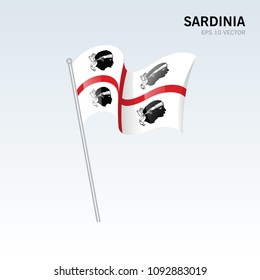 Waving flag of Sardinia regions,autonomous regions of Italy on gray background