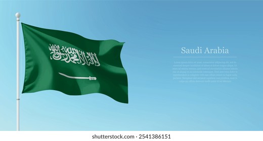 Waving flag of Saudi Arabia on a pole with a blue sky backdrop with copyspace