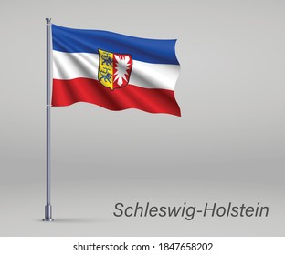 Waving flag of Schleswig-Holstein - state of Germany on flagpole. Template for independence day 