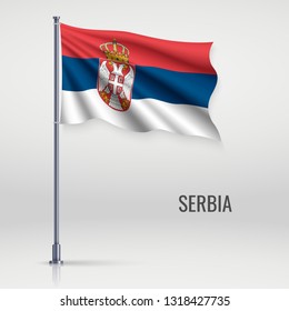 Waving flag of Serbia on flagpole. Template for independence day poster design