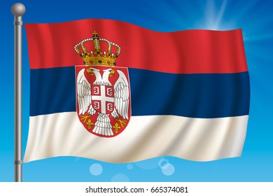 Waving flag of Serbia on a sky background. Vector illustration